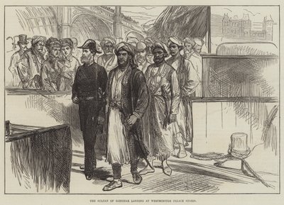 Sultanen av Zanzibar lander ved Westminster Palace Stairs (gravering) av English School