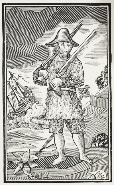 The Surprising Life and most Strange Adventures of Robinson Crusoe of the City of York, Mariner, illustrasjon fra Chap-books of the Eighteenth Century av John Ashton, pub. 1882 av English School
