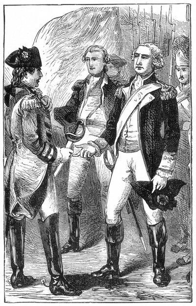 The Surrender of Cornwallis, fra The History of France, av Emile de Bonnechose, utgitt av Ward, Lock and Co, London av English School
