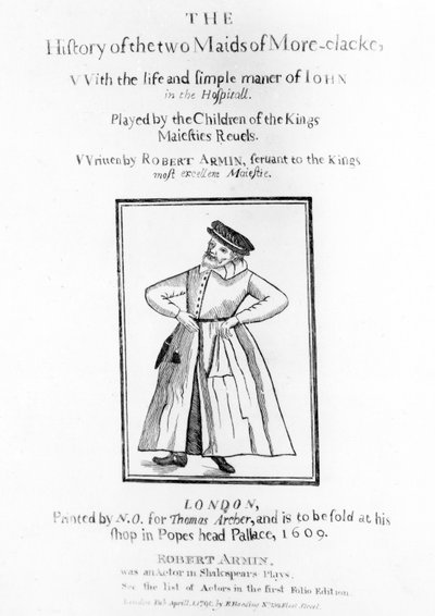 Tittelsiden til Robert Armins The History of the Two Maids of More-cllacke, 1609 av English School