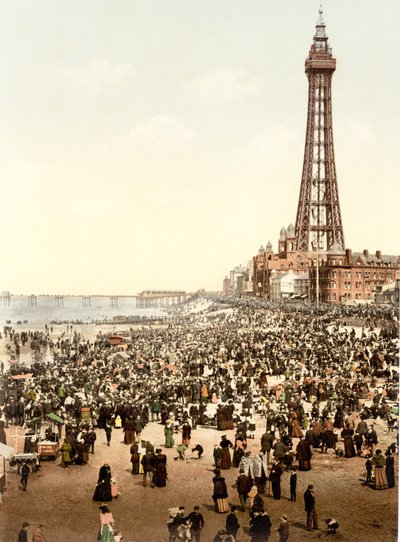 Tårnet og stranden, Blackpool (håndfarget bilde) av English School