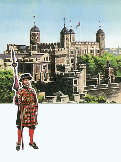 Tower of London med Beefeater av English School