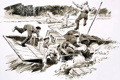 The Treasure-Hunters: Klondike Stampede (gouache på papir) av English School