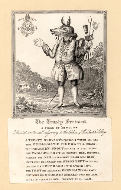 The Trusty Servant, maleri av 1579 av den engelske poeten John Hoskins på veggen ved siden av kjøkkenet til Winchester College, Hampshire (gravering) av English School