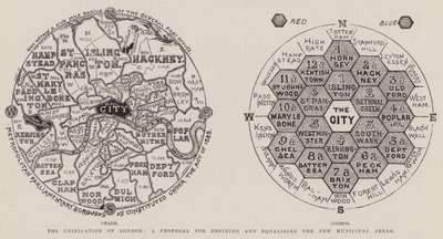 The Unification of London, et forslag for å definere og utjevne de nye kommunale områdene (gravering) av English School