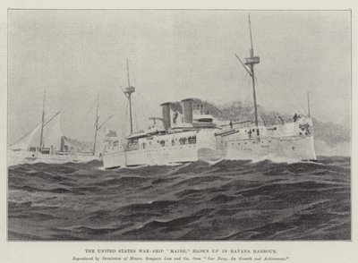 Det amerikanske krigsskipet "Maine," sprengt i Havana havn (litho) av English School