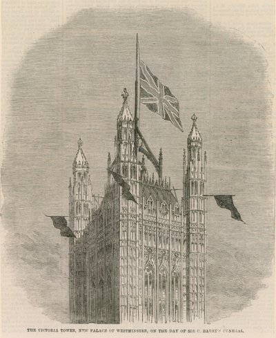 Victoria Tower, det nye palasset i Westminster, på dagen for Sir C Barnets begravelse av English School