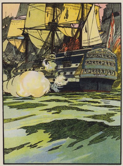 The Victory at Trafalgar (farge litho) av English School