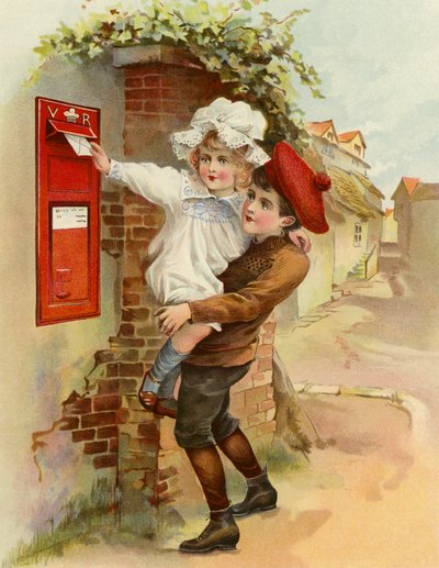 Landsbyens postkasse (fargelitografi) av English School