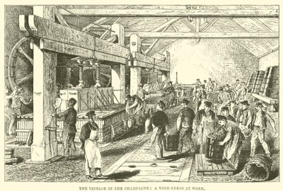 The Vintage in the Champagne: A Wine-Press at Work (gravering) av English School