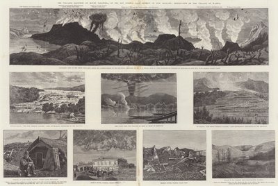Vulkanutbruddet av Mount Tarawera, i Hot Springs Lake District i New Zealand, ødeleggelse av landsbyen Wairoa (gravering) av English School