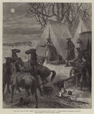 The War, Camp of the "Times" og "Illustrated London News" korrespondenter angrepet av Wolves (gravering) av English School