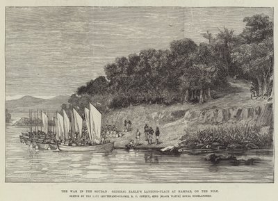 Krigen i Soudan, general Earles landingssted ved Hamdab, ved Nilen (gravering) av English School
