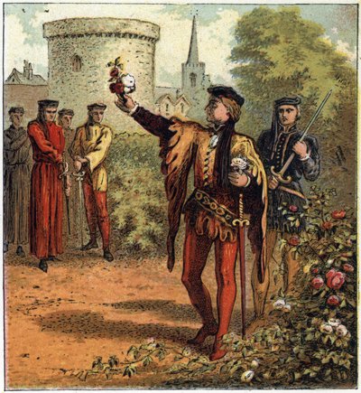 The War of the Two Roses (1455-1485): begynnelsen på konflikten. En Lord of the Royal House of York plukker en hvit rose og en annen fra Royal House of Lancaster plukker en rød rose. Illustrasjon av den engelske borgerkrigen født av delingen av su av English School