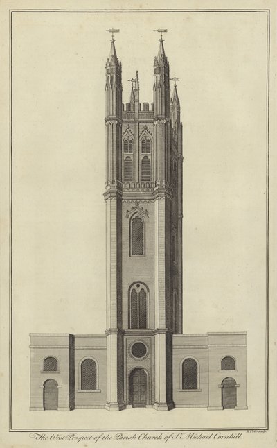 The West Prospect of Parish Church of St Michael, Cornhill, London av English School