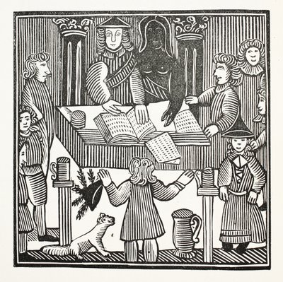 The Whole Trial and Indictment of Sir John Barleycorn, Knt., illustrasjon fra Chap-books of the Eighteenth Century av John Ashton, pub. 1882 av English School