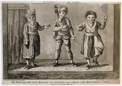 De villfødte menneskene (to hunner og en hann) med monstrøse krabber, som utstilt på Haymarket, trykt for Carington Bowles, 1787 av English School