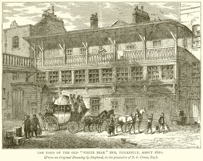 The Yard of the Old White Bear Inn, Piccadilly, rundt 1820 av English School
