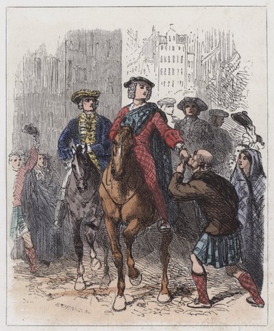 The Young Chevalier Entering Edinburgh (farget gravering) av English School