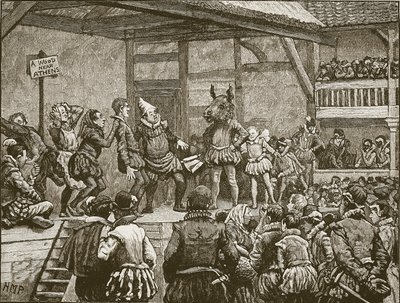Skuespillet til et av Shakespeares skuespill på dronning Elizabeths tid, illustrasjon fra Cassells Illustrated History of England (sepia-foto) av English School