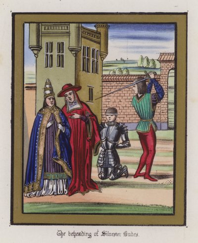 Halshuggingen av Sir Silvester Budes (farget gravering) av English School