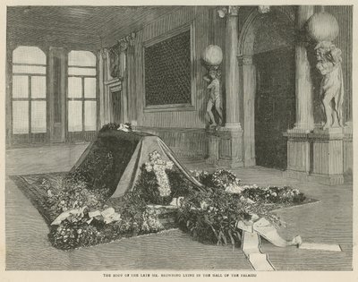 Liket av avdøde Browning ligger i hallen til Palazzo Rezzonico, Venezia av English School