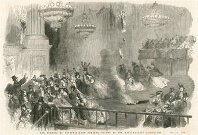 Brenningen av Covent Garden Theatre, London - flyvningen til Masqueraders av English School
