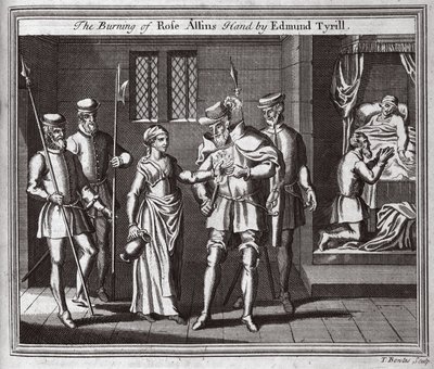The Burning of Rose Allins hånd av Edmund Tyrill, illustrasjon fra Foxes Martyrs c.1703 av English School