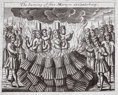 Brenningen av fem martyrer i Canterbury, illustrasjon fra «Acts and Monuments» av John Foxe, niende utgave, utgitt 1684 (litografi) av English School
