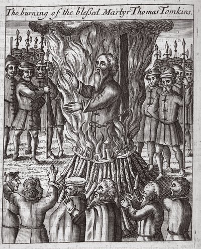Brenningen av den hellige martyren Thomas Tomkins, illustrasjon fra «Acts and Monuments» av John Foxe, niende utgave, utgitt 1684 (lito) av English School