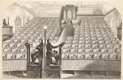 Kapellet, på det separate systemet, i Pentonville Prison, under gudstjeneste, illustrasjon fra The Criminal Prisons of London og Scenes from Prison Life av Henry Mayhew og John Binny, pub. 1862 av English School