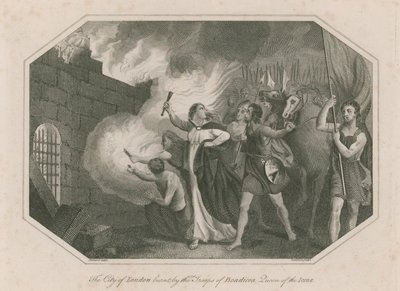 Byen London brent av troppene til Boadicea, Queen of the Icena av English School