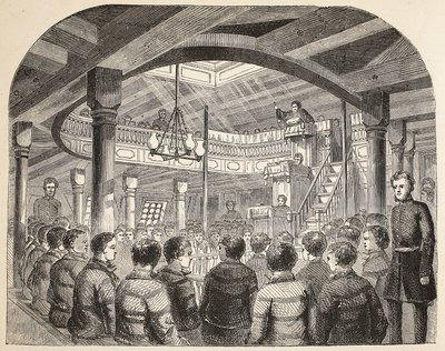 Fangekapellet om bord på Defense Hulk i Woolwich, illustrasjon fra The Criminal Prisons of London og Scenes from Prison Life av Henry Mayhew og John Binny, pub. 1862 av English School