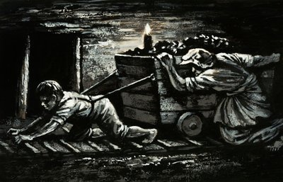 Den mørke siden av den industrielle revolusjonen: barnearbeid (gouache på papir) av English School