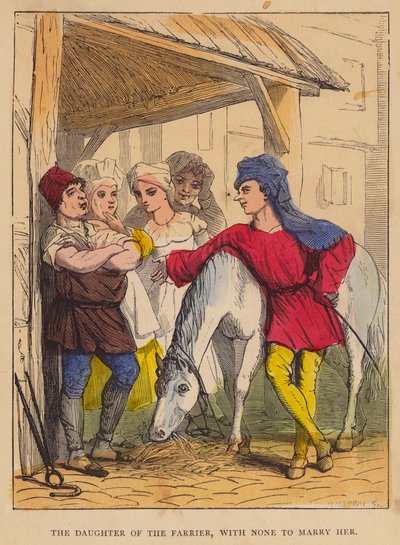 Hovslagerens datter, uten noen til å gifte seg med henne (fargelitografi) av English School