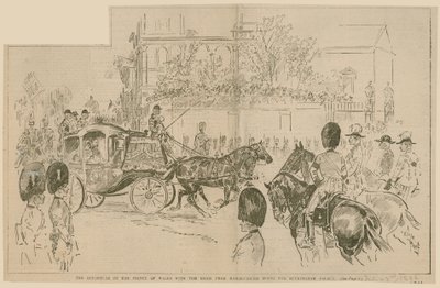 Prinsen av Wales avgang med bruden fra Marlborough House til Buckingham Palace, 23. juli 1896 av English School
