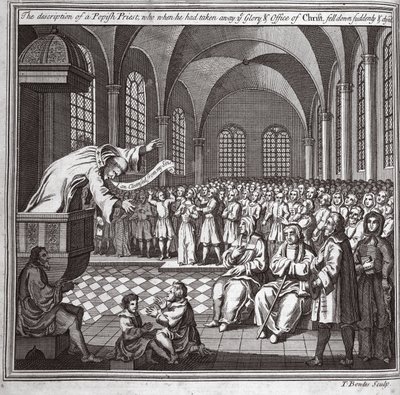 Beskrivelsen av en paveprest, som da han hadde tatt fra dere Kristi ære og embete, plutselig falt ned og døde, illustrasjon fra Foxes Martyrs ca. 1703 av English School
