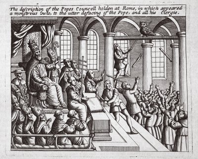 Beskrivelsen av paverådet holdt i Roma, der en monstrøs ugle dukket opp, til fullstendig vanskjønnelse av paven og hele hans presteskap, illustrasjon fra Acts and Monuments av John Foxe, niende utg. av English School
