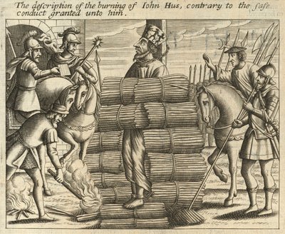 Beskrivelsen av brenningen av Johannes Hus, i strid med den trygge leide som ble gitt ham (gravering) av English School