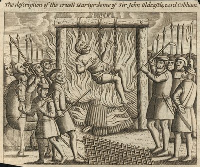 Beskrivelsen av Sir John Oldcastles, Lord Cobhams, grusomme martyrium (gravering) av English School