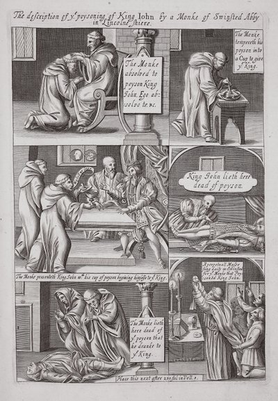 Beskrivelsen av forgiftningen av kong John av en munk fra Swinstead Abbey i Lincolnshire, illustrasjon fra Acts and Monuments av John Foxe, niende utgave, pub. 1684 av English School