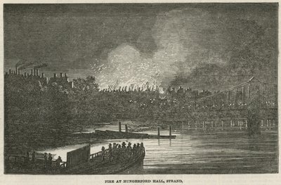Ødeleggelsen ved brann av Hungerford Hall, Strand, London av English School