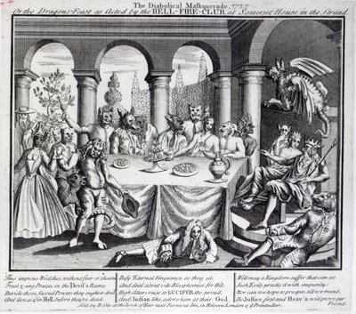 Den djevelske maskerade, eller drage-festen som utført av Hell-Fire-Club, ved Somerset House i Strand, ca. 1721 av English School