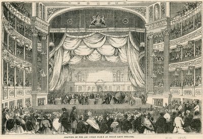 Tegningen av Art Union-prisene på Drury Lane Theatre i 1843 av English School