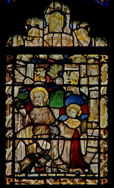 Østvinduet som viser St Francis mottar stigmata; englemusikere i kalesjen av English School