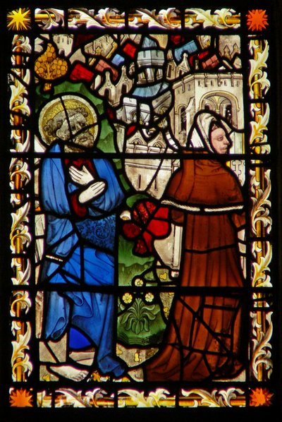 Østvinduet som viser St Peter og Simon Magus av English School