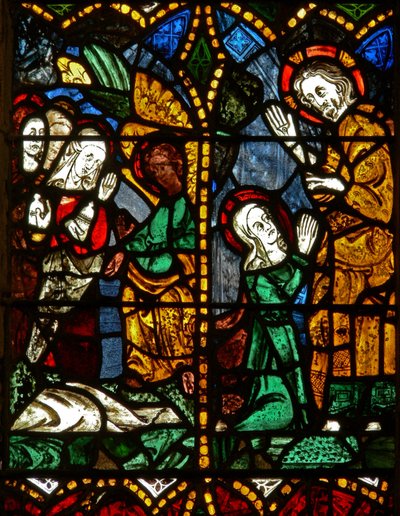 Østvinduet som viser en oppstandelsesscene: de hellige kvinnene ved graven; Maria Magdalena med Kristus? av English School