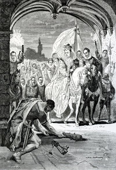 Inngangen til dronning Elizabeth ved Kenilworth Castle, 1800-tallet av English School