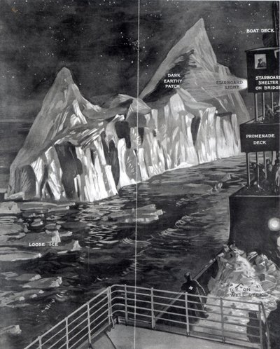 Det berømte isfjellet sett av J. Scarrott om bord på Titanic, 1912 av English School
