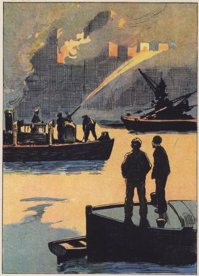 Brannvesenet på jobb på elven (farge litho) av English School